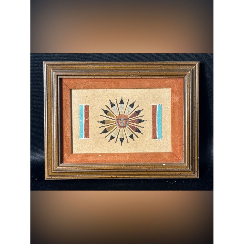 Vtg Native American Navajo "Sun And Eagle" Sand Painting Framed Wall Art Signed